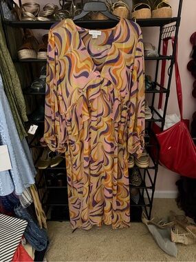 Never Fully Dressed Long Sleeve Swirl Print Midi Dress in Pink, Orange, Purple